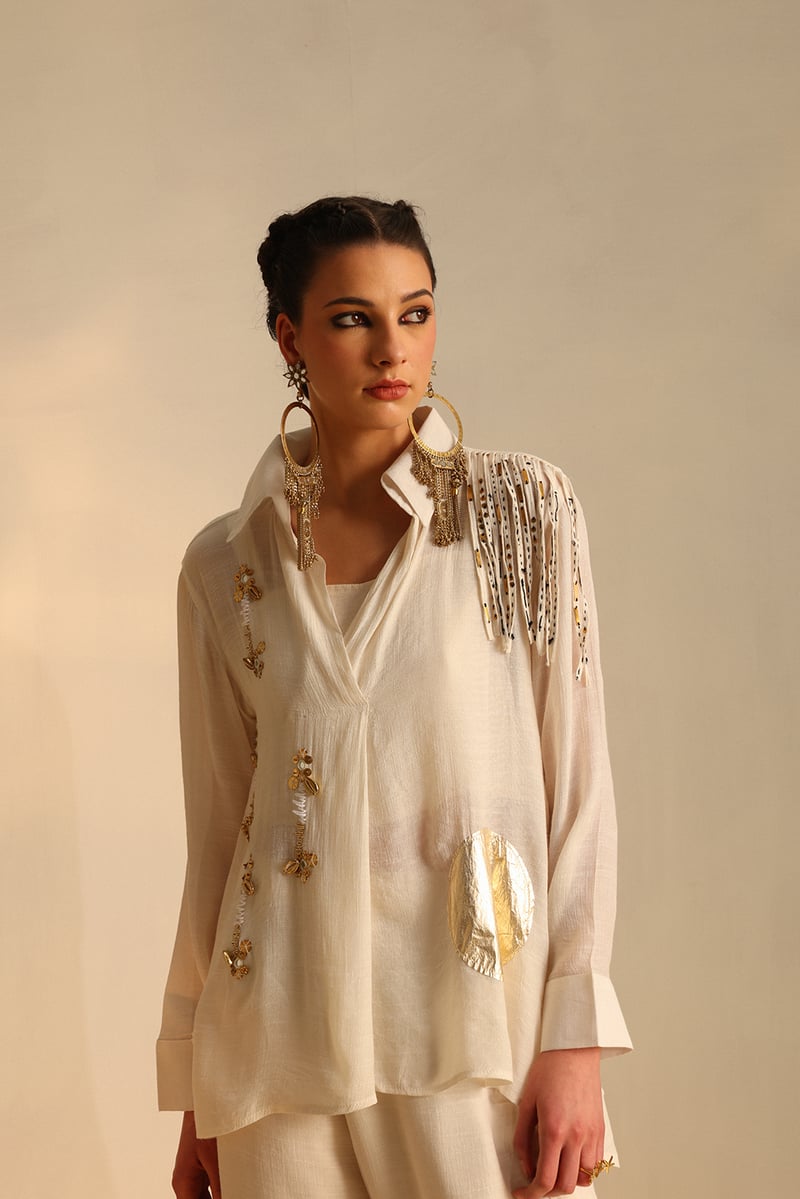Off White Embellished Shirt and Palazzo Co-ord Set
