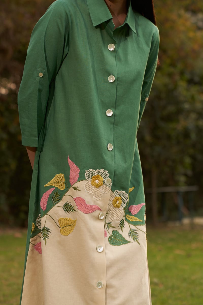 Green Two-Tone Midi Shirt Dress with Applique Detail