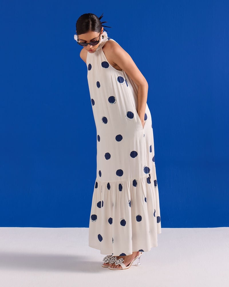 Blue/White Polka Dot Halter Neck Tiered Maxi Dress