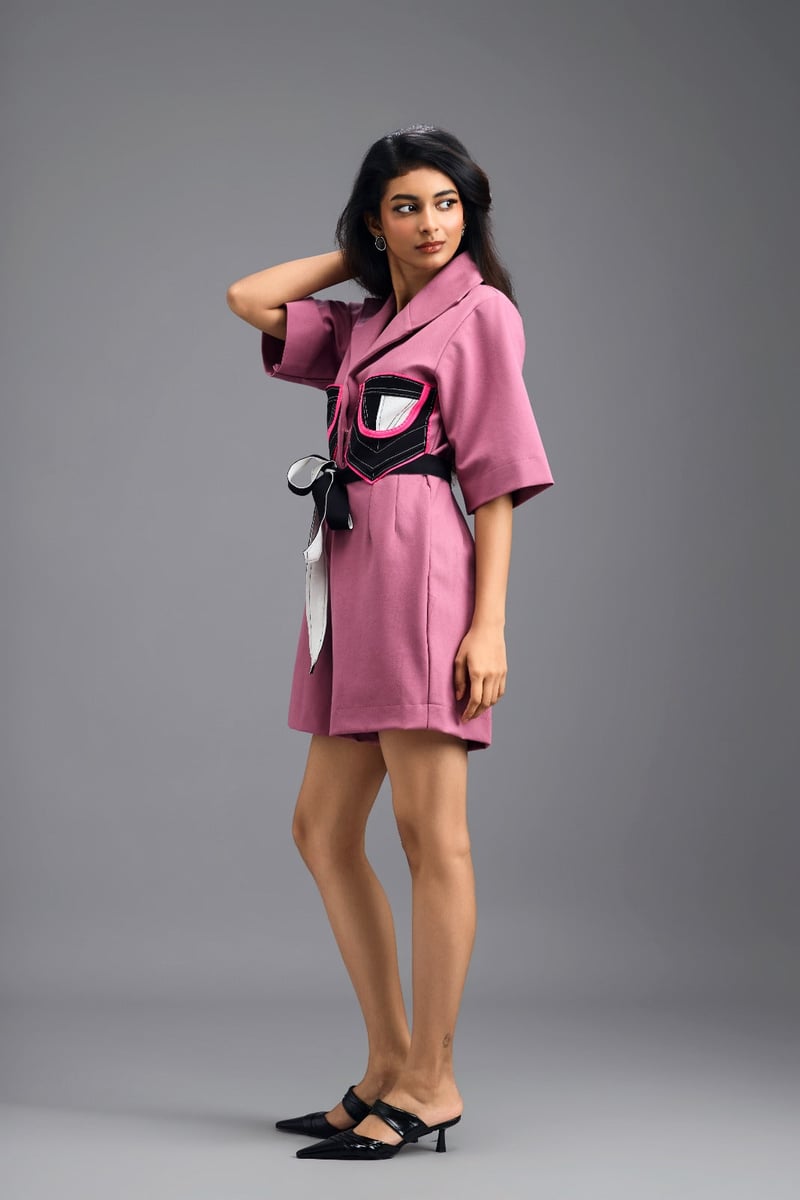 Pink Tailored Playsuit with Colour-Block Pocket Panels