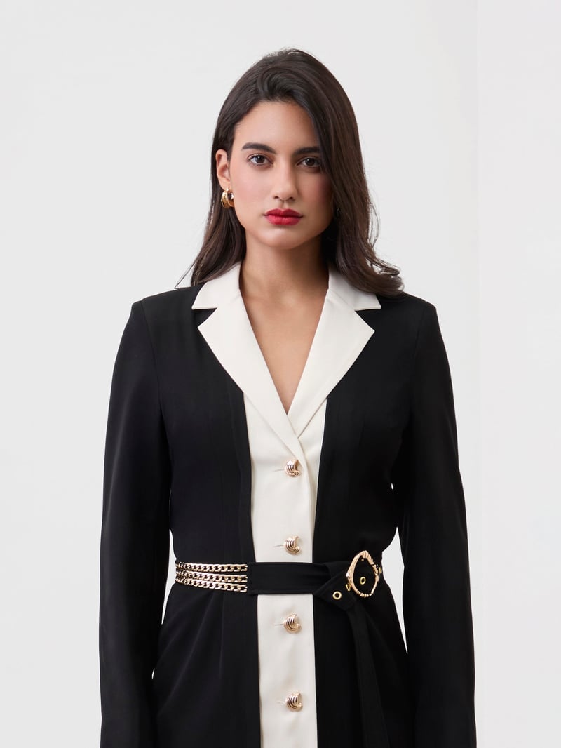Black and White Colorblock Blazer Mini Dress with Chain Belt