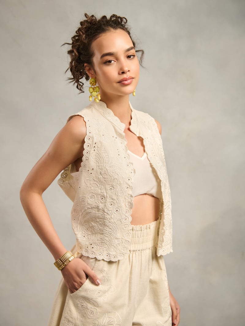 White Cotton Embroidered Cutwork Vest-Style Top