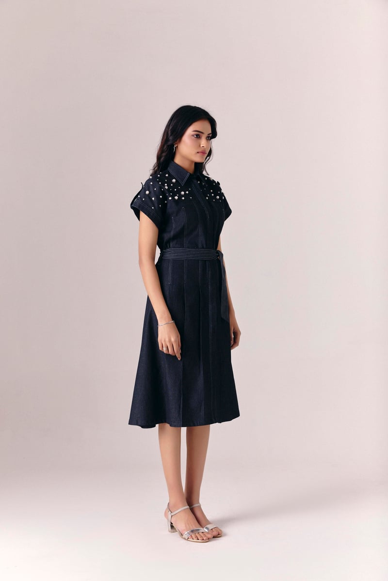 Black Denim Fit and Flare Midi Dress with Pearl Detail