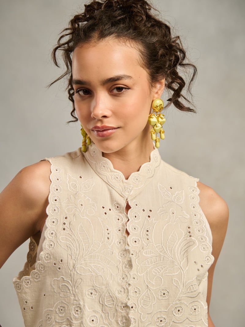 White Cotton Embroidered Cutwork Vest-Style Top