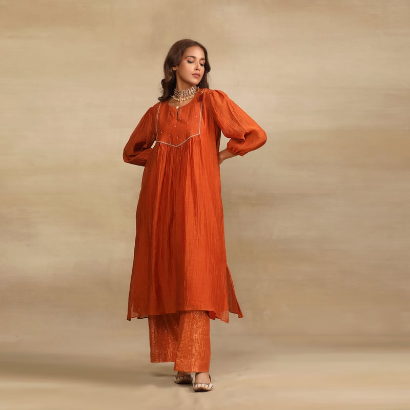 Burnt Orange Hand Embroidered Silk Chanderi Kurta Set