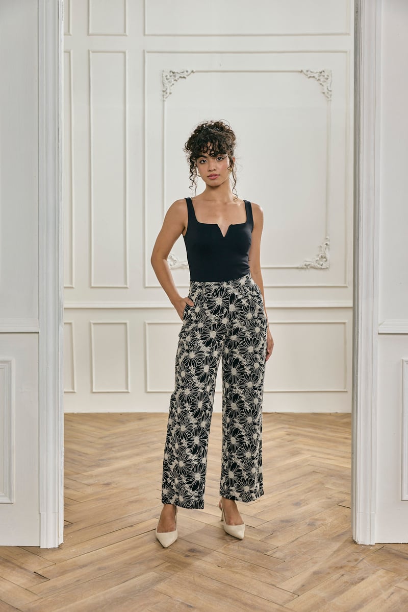 Black Schiffli Embroidered Wide-Leg Cotton Trousers