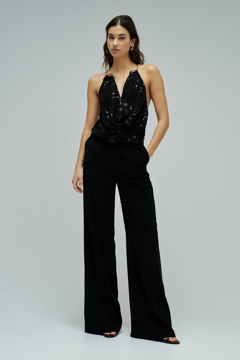 Black Sequin Halter Top with Metallic Neck Detail