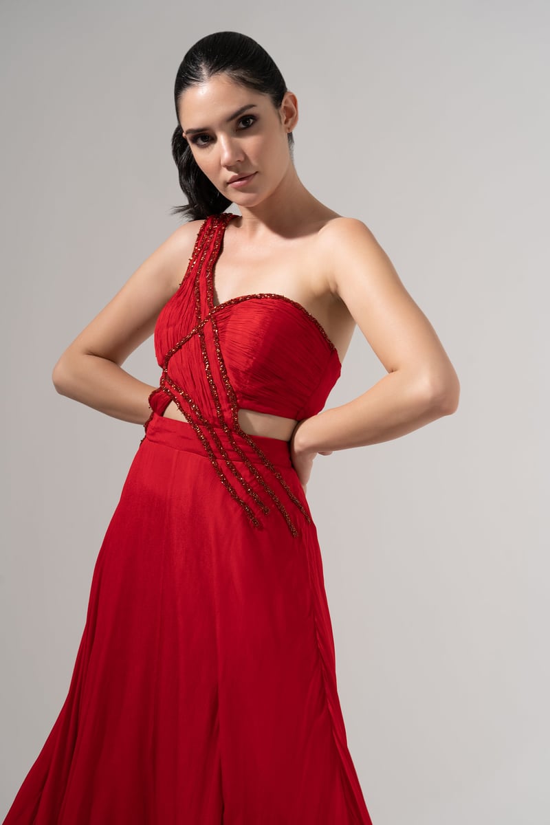 Crimson One-Shoulder Beaded Cutout Maxi Gown