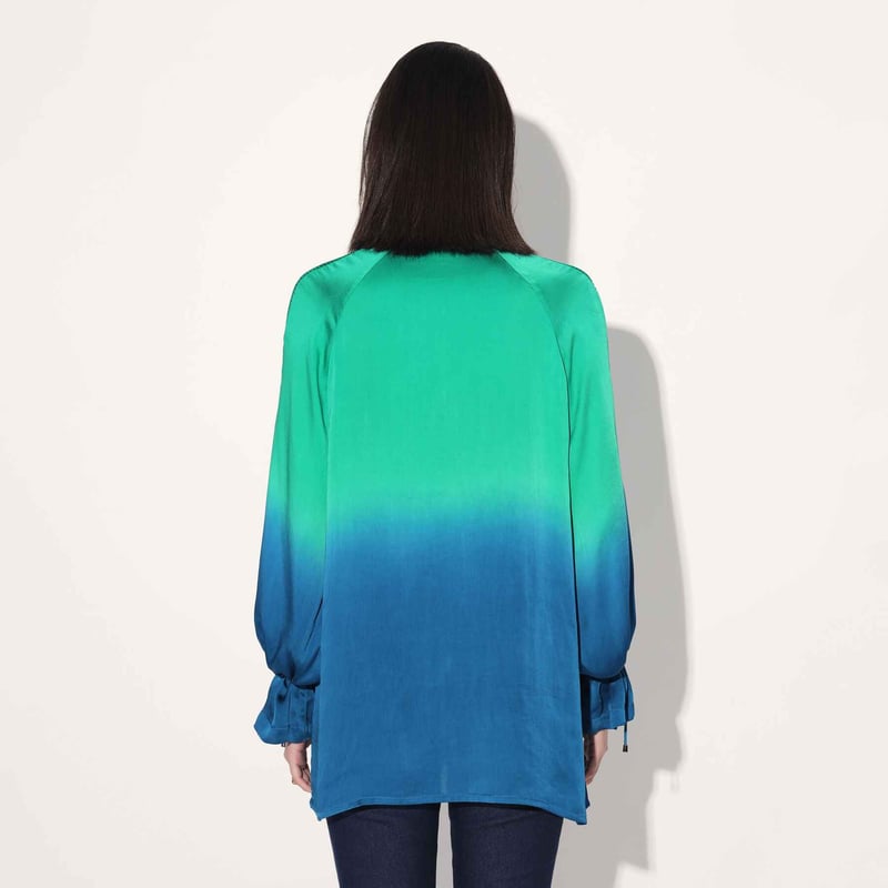 Blue/Green Ombre Viscose Satin Tie-Up Neck Longline Top