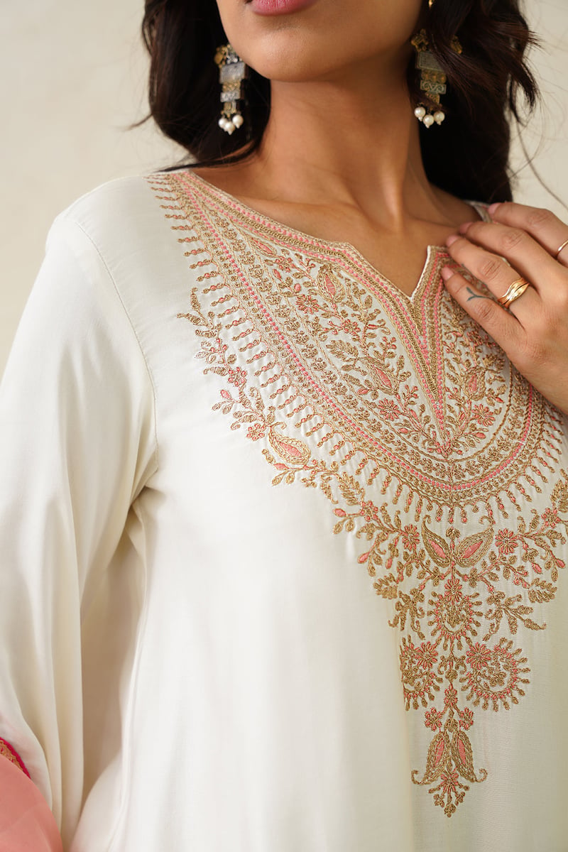 Cream Embroidered Kurta Set with Peach Organza Dupatta