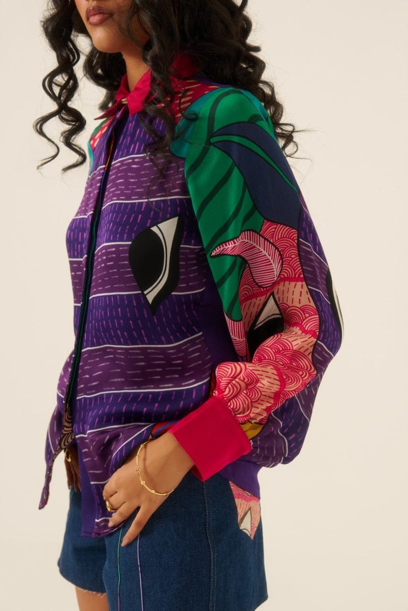 Multicolor Printed Organza Satin Shirt with Contrast Collar