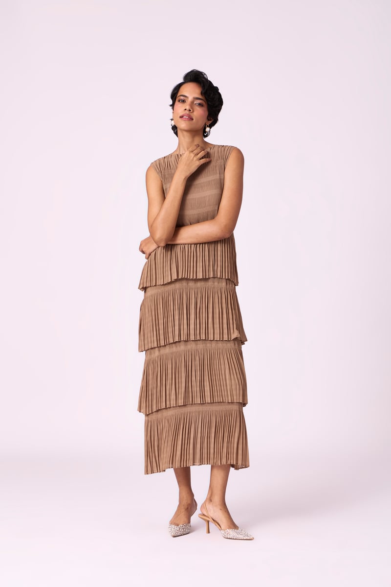 Taupe Tiered Pleated Chiffon Maxi Dress