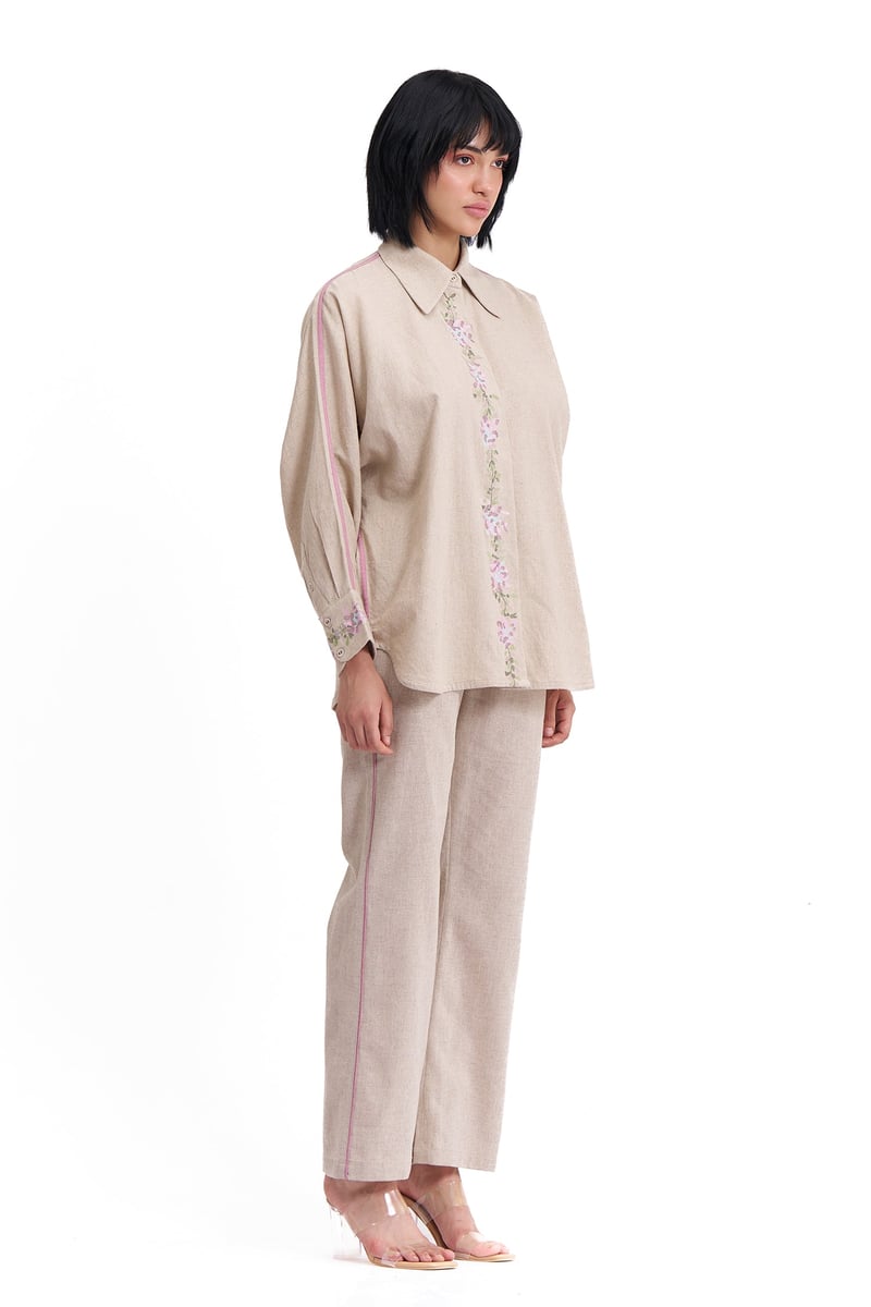 Natural Cotton Linen Embroidered Shirt and Pants Co-ord Set