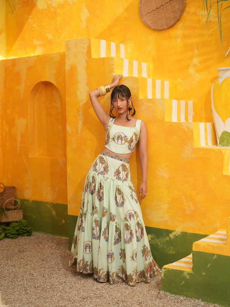 Cool Mint Tropical Corset Top and Tiered Maxi Skirt Set