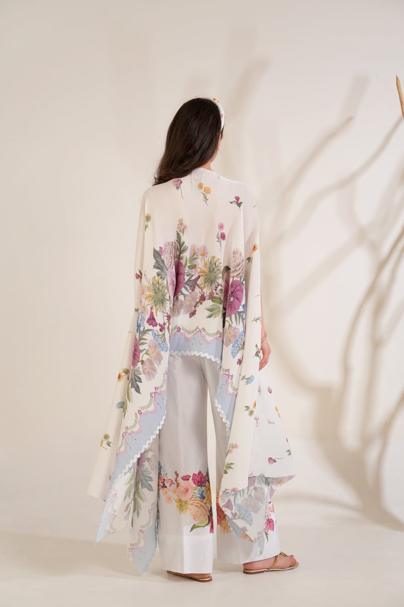 White Floral Pleated Cape and Trouser Co-ord Set