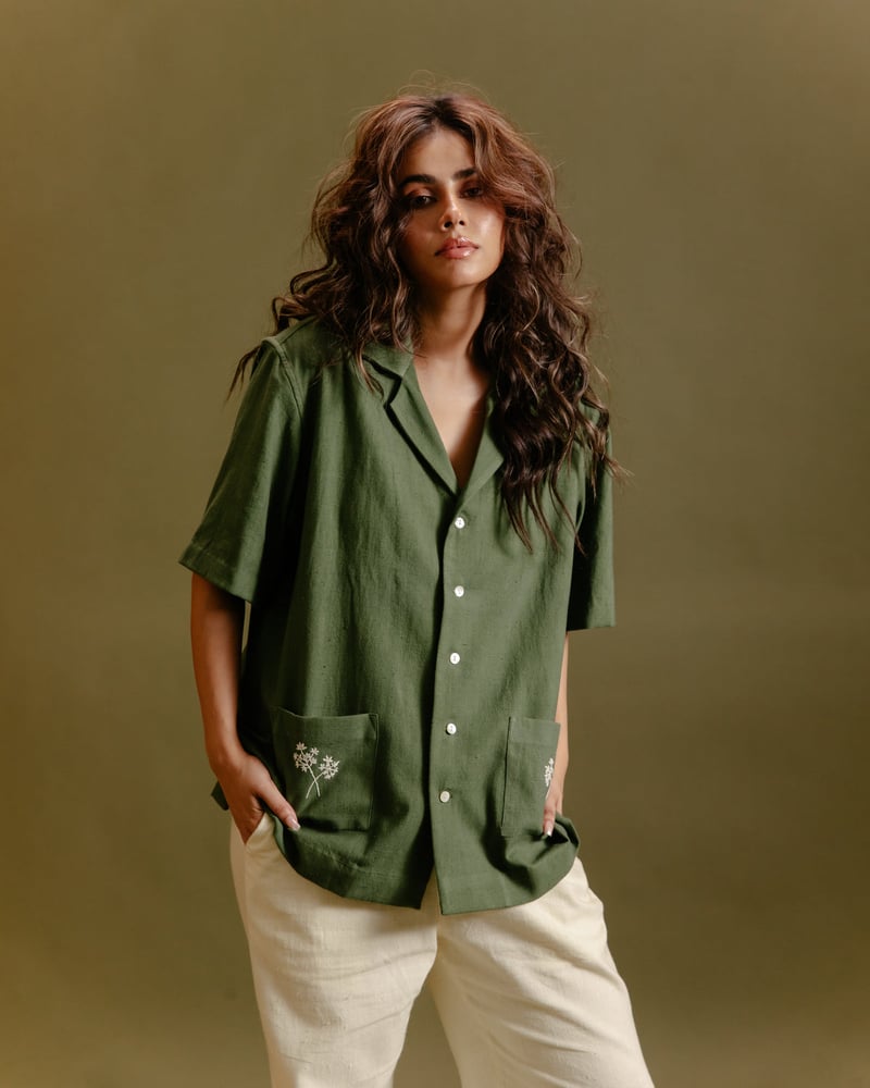 Olive Green Khadi Relaxed-Fit Shirt with Embroidered Pockets