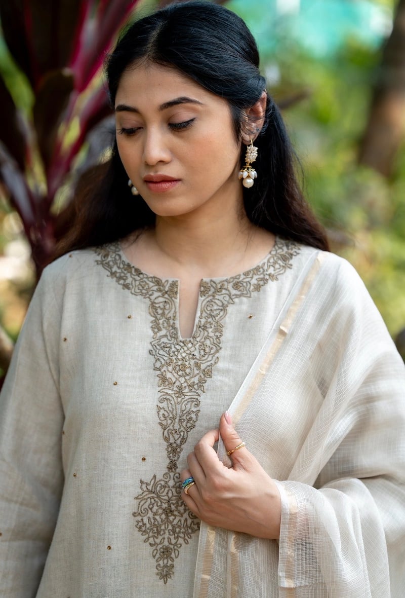 Oat Natural Linen Kurta Set with Embroidered Neckline