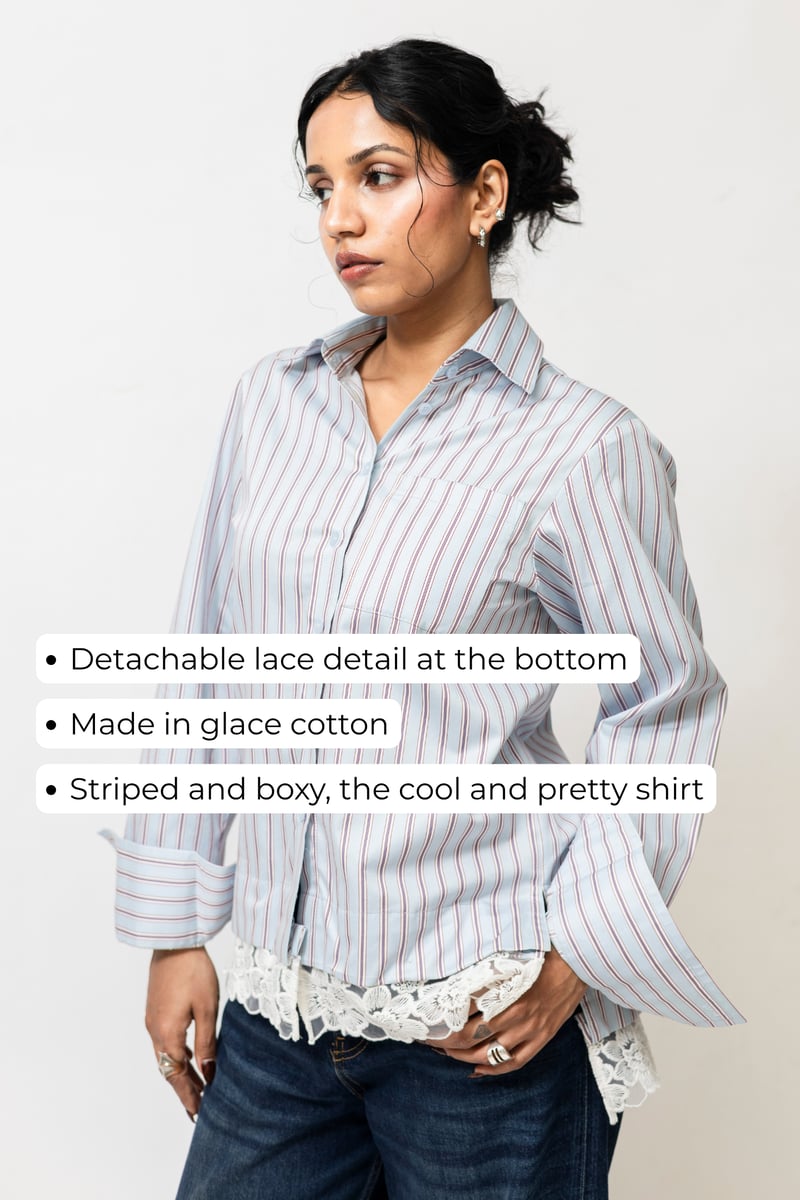 Blue Red Striped Shirt with Detachable Lace Hem