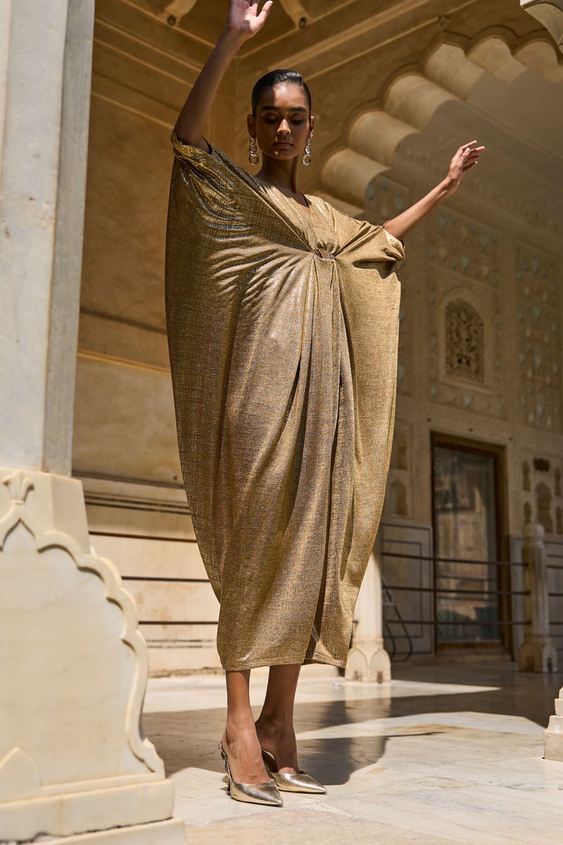 Gold Metallic Draped Maxi Kaftan with V-Neck