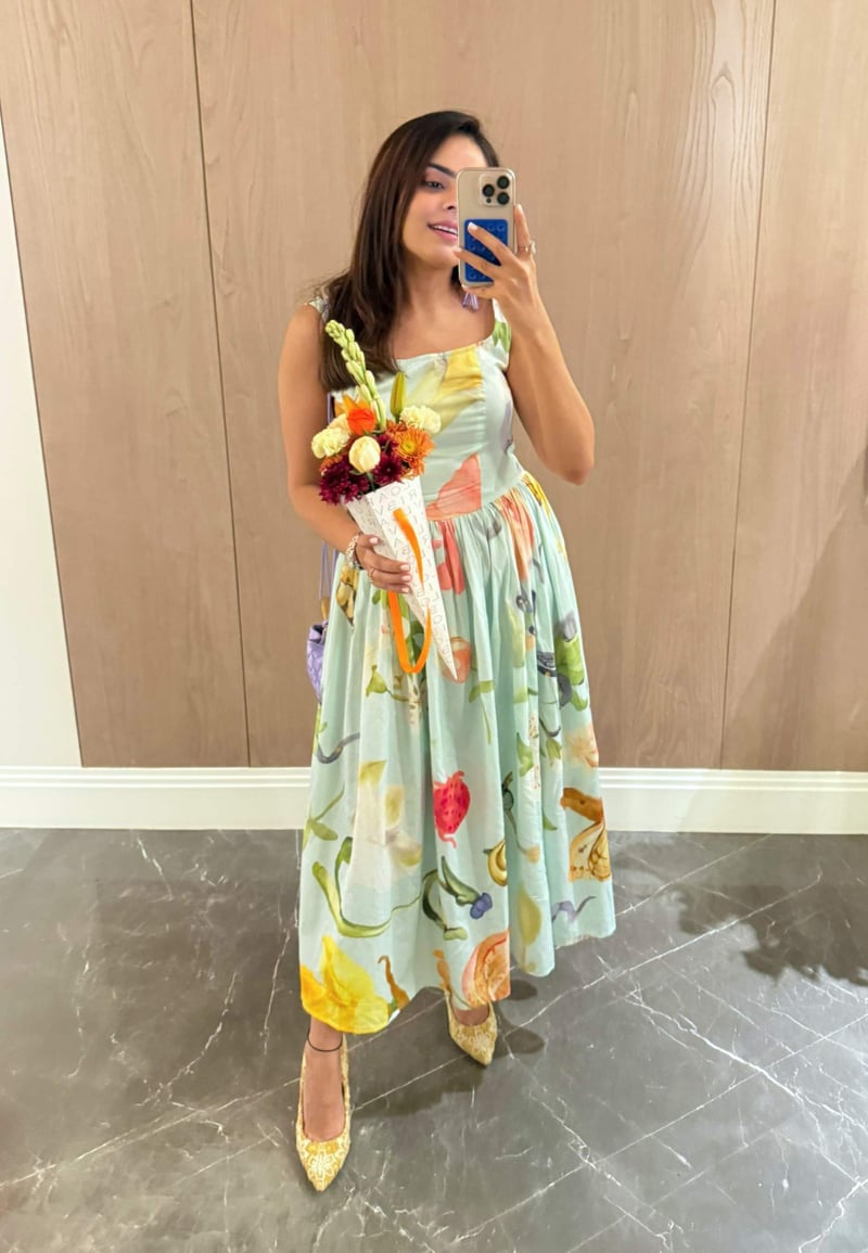 Blue Multicolor Floral Square Neck Midi Dress
