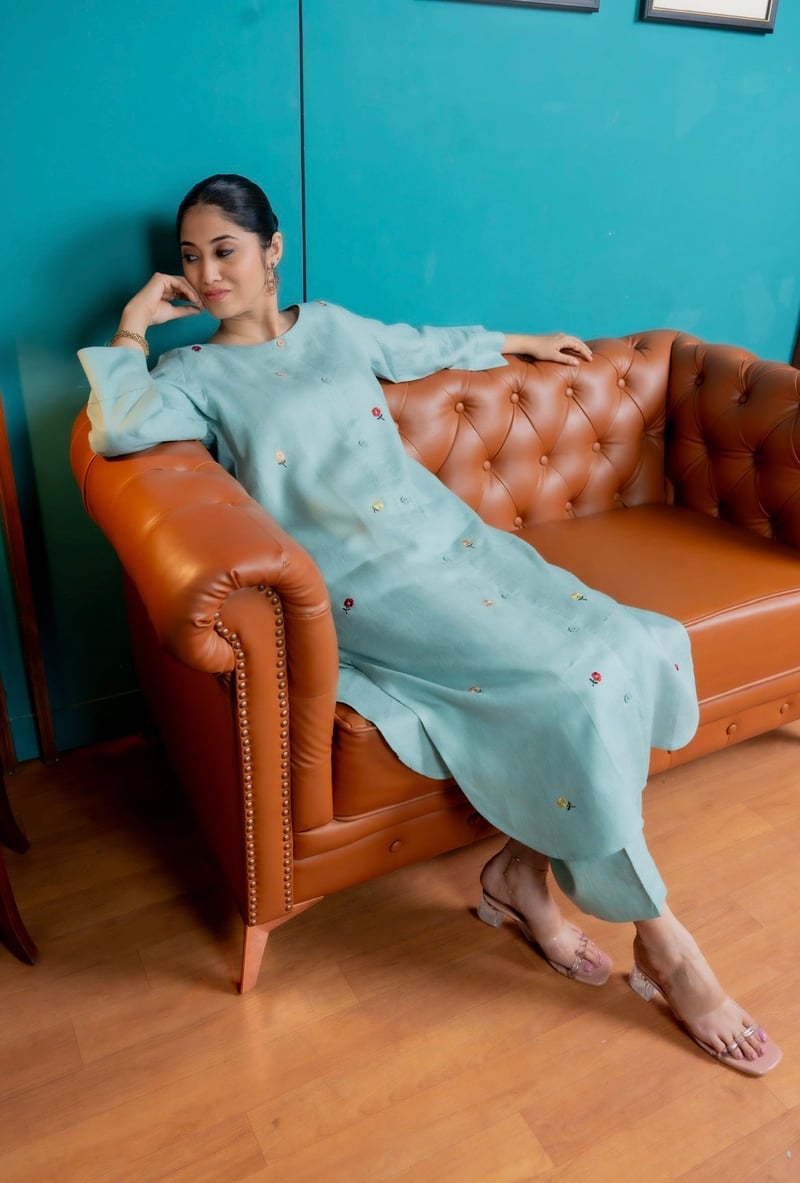 Blue-Green Linen Straight Kurta Set with Floral Embroidery
