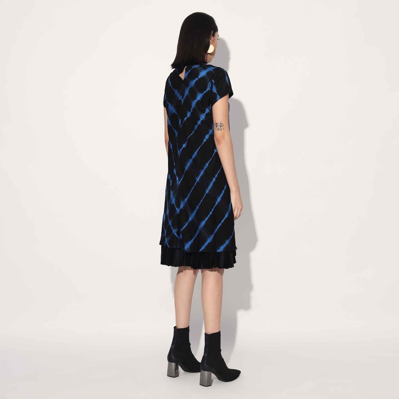 Black/Blue Shibori Tie-Dye A-Line Knee-Length Dress