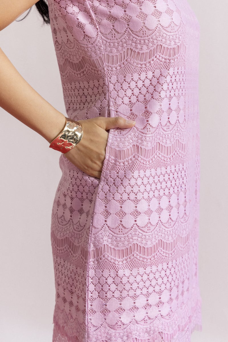 Blush Pink Lace Shift Dress with Scalloped Hem