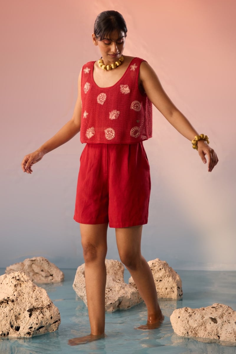 Red Mesh Crop Top with Sea Motif Patches and Inner Top