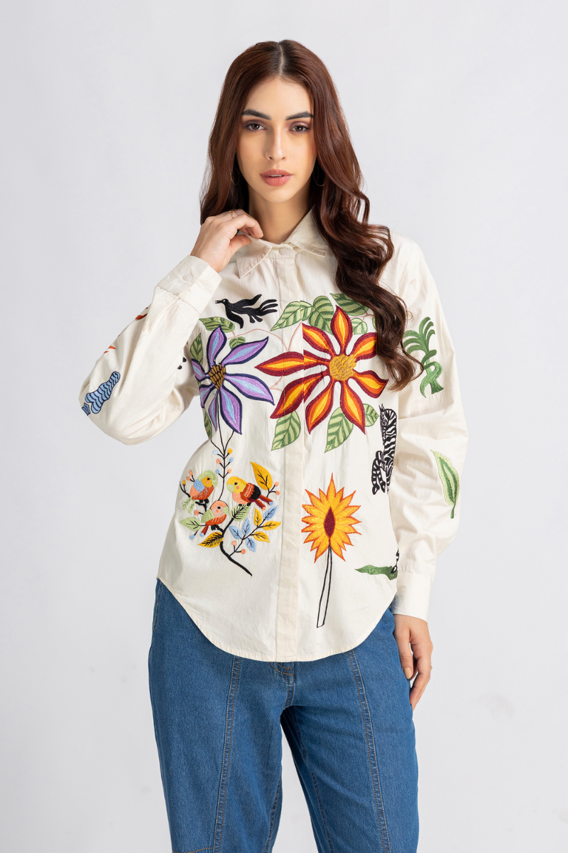 Beige Cotton Poplin Embroidered Button-Down Shirt