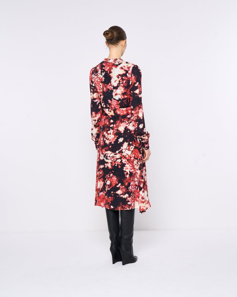 Red Floral Printed Belted Midi Shirt Dress