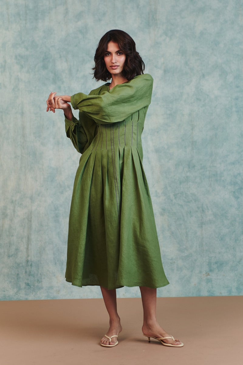 Moss Linen Pleated Waist Dress