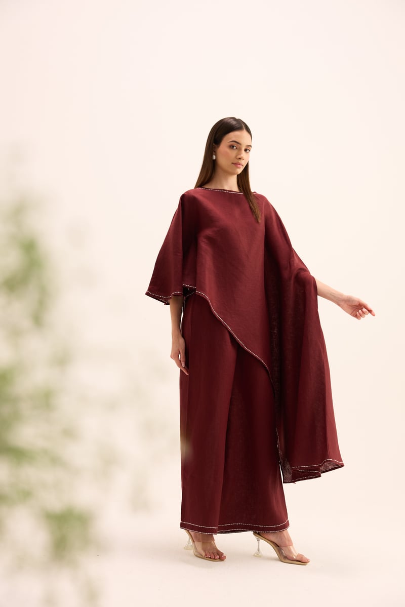 Burgundy Linen Asymmetric Cape Top and Pants Co-ord Set