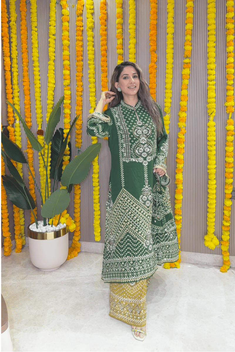 Green and Mustard A-Line Kurta Set with Mirror Work
