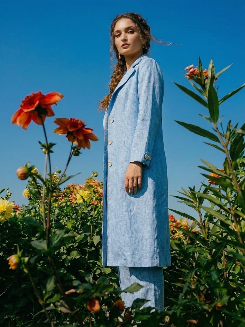 Pastel Blue Cotton Linen Blend 3-Piece Co-ord Set