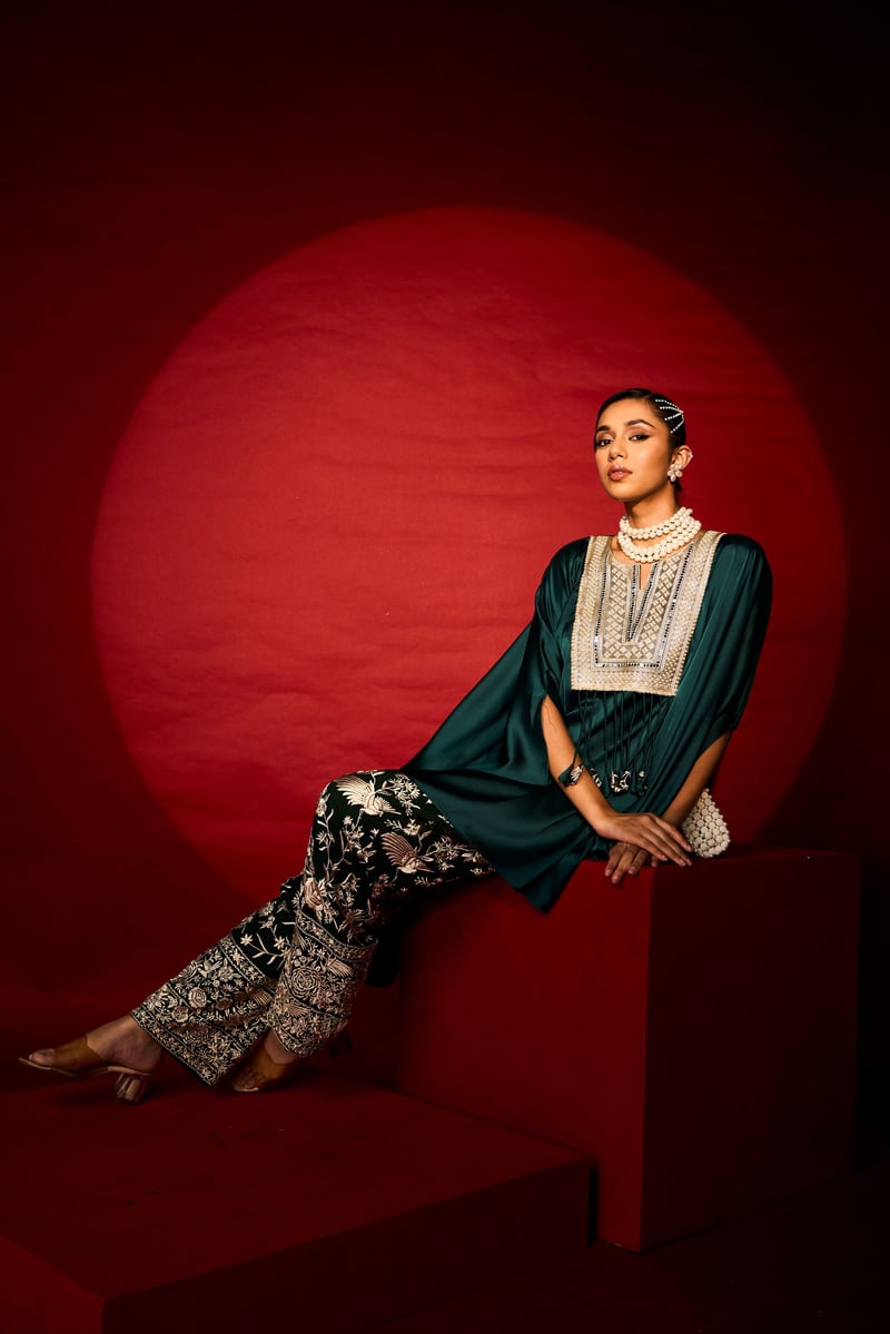 Green Satin Silk Kaftan Top and Pants Co-ord Set