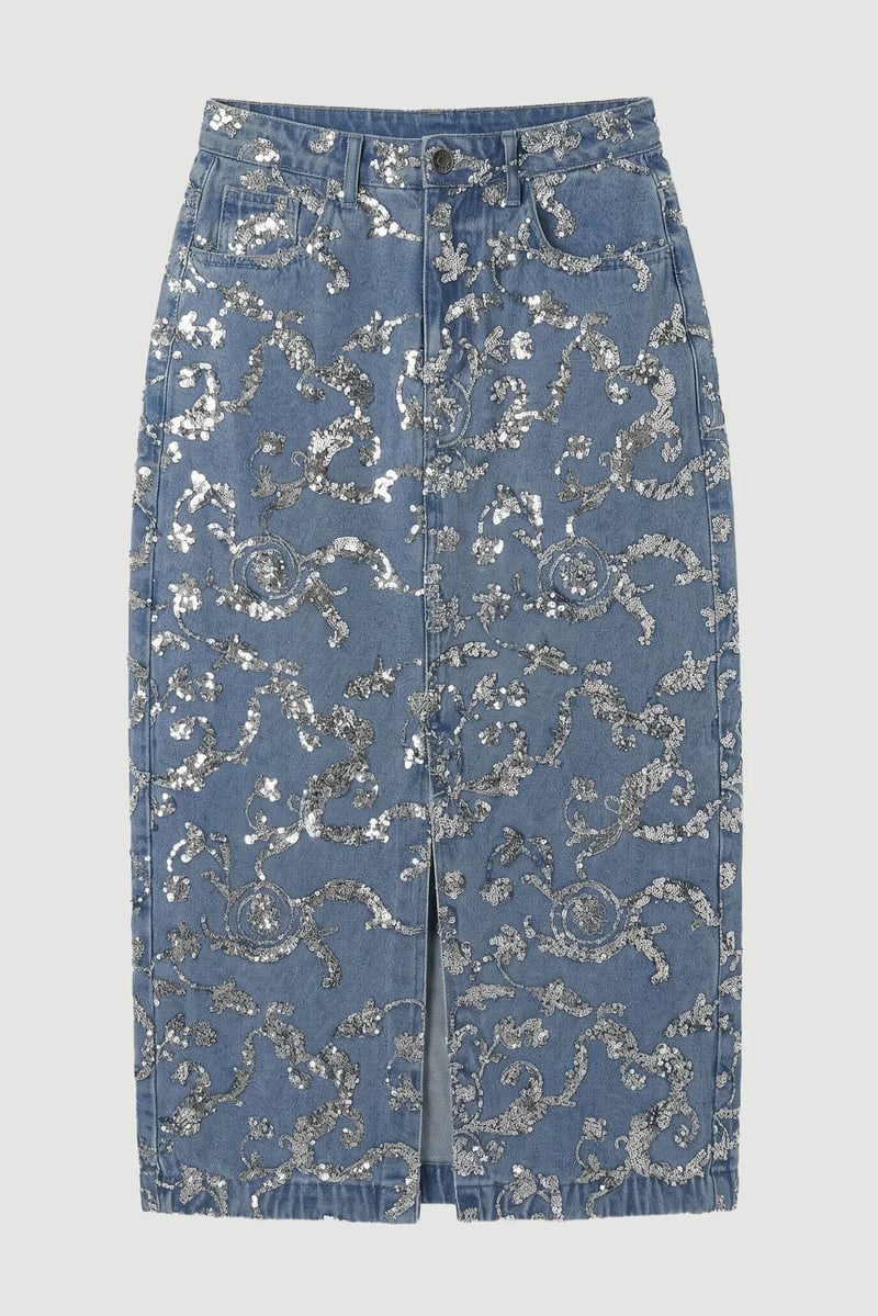 Mid Blue Sequin-Embellished Denim Midi Skirt