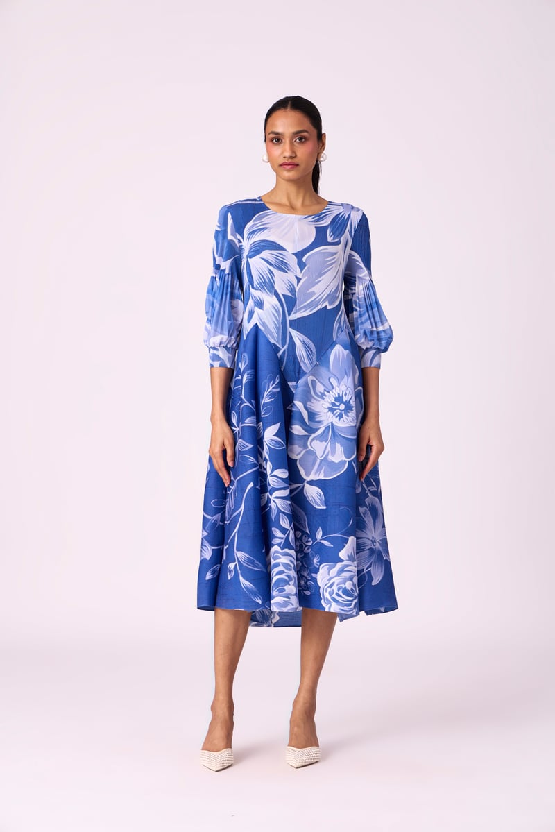 Blue Floral Pleated Fit and Flare Midi Dress