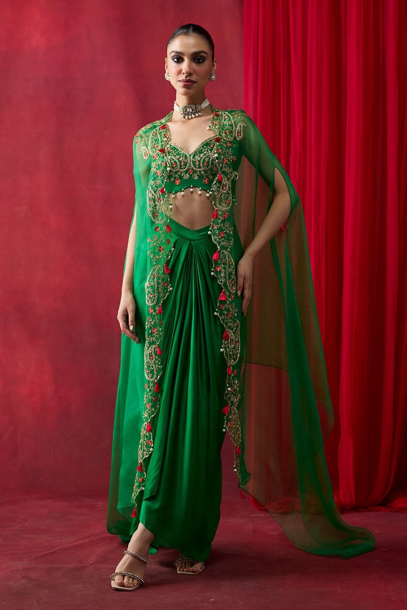 Green Embroidered Cape Co-ord Set with Draped Maxi Skirt