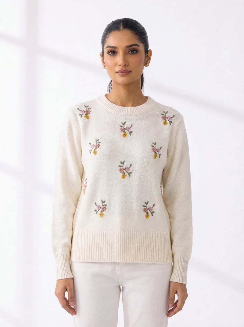 White Floral Embroidered Crewneck Pullover Sweater — LUSTRIN