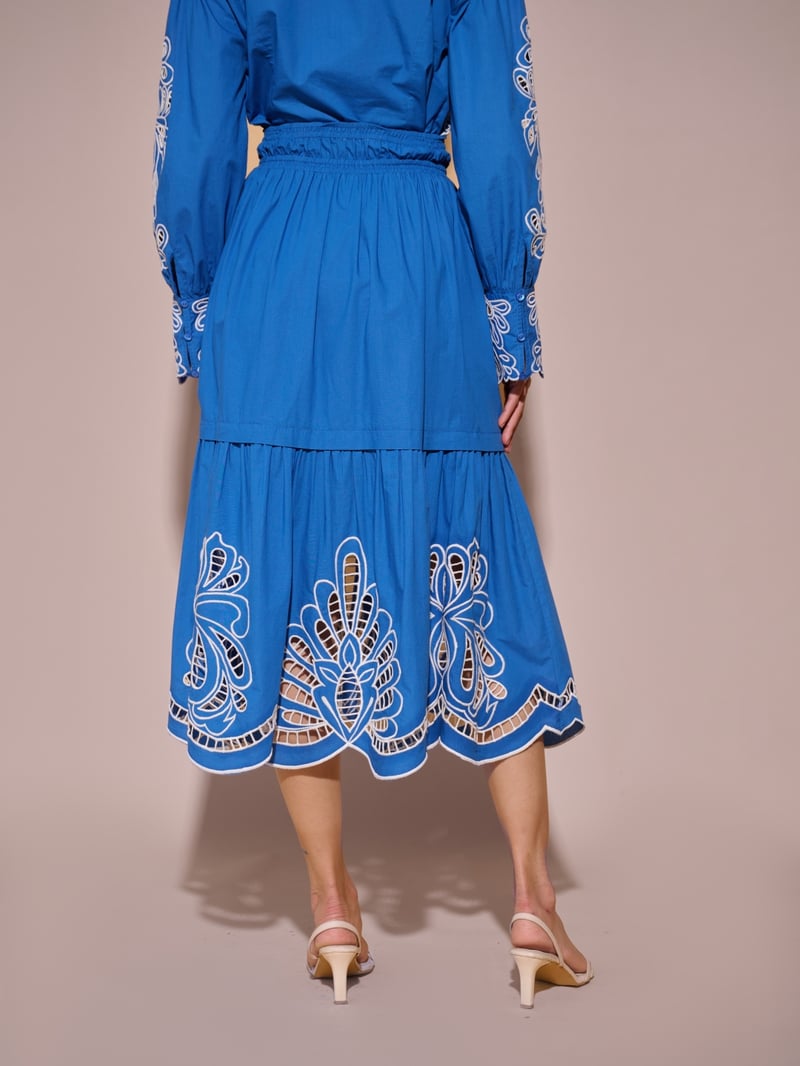 Blue High-Waist Tiered Cutwork Midi Skirt