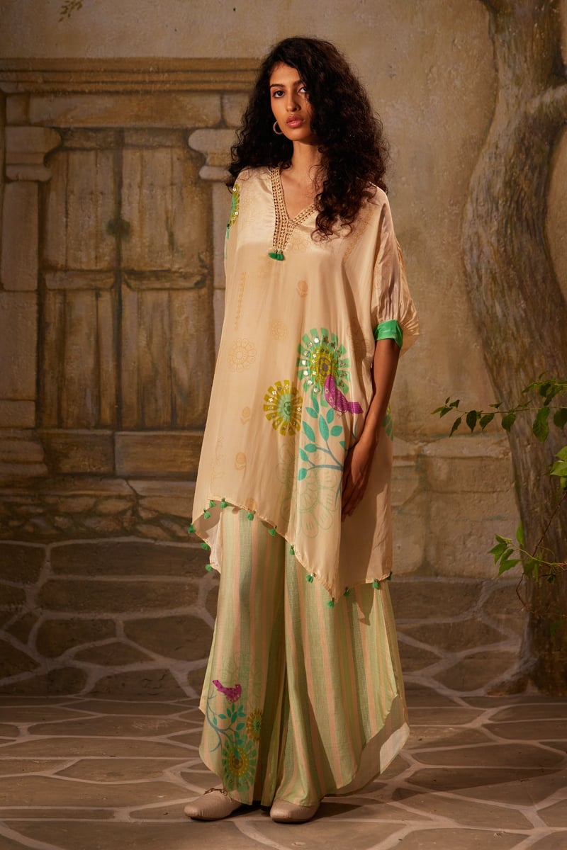 Peach Printed Tunic and Wide-Leg Pants Co-ord Set