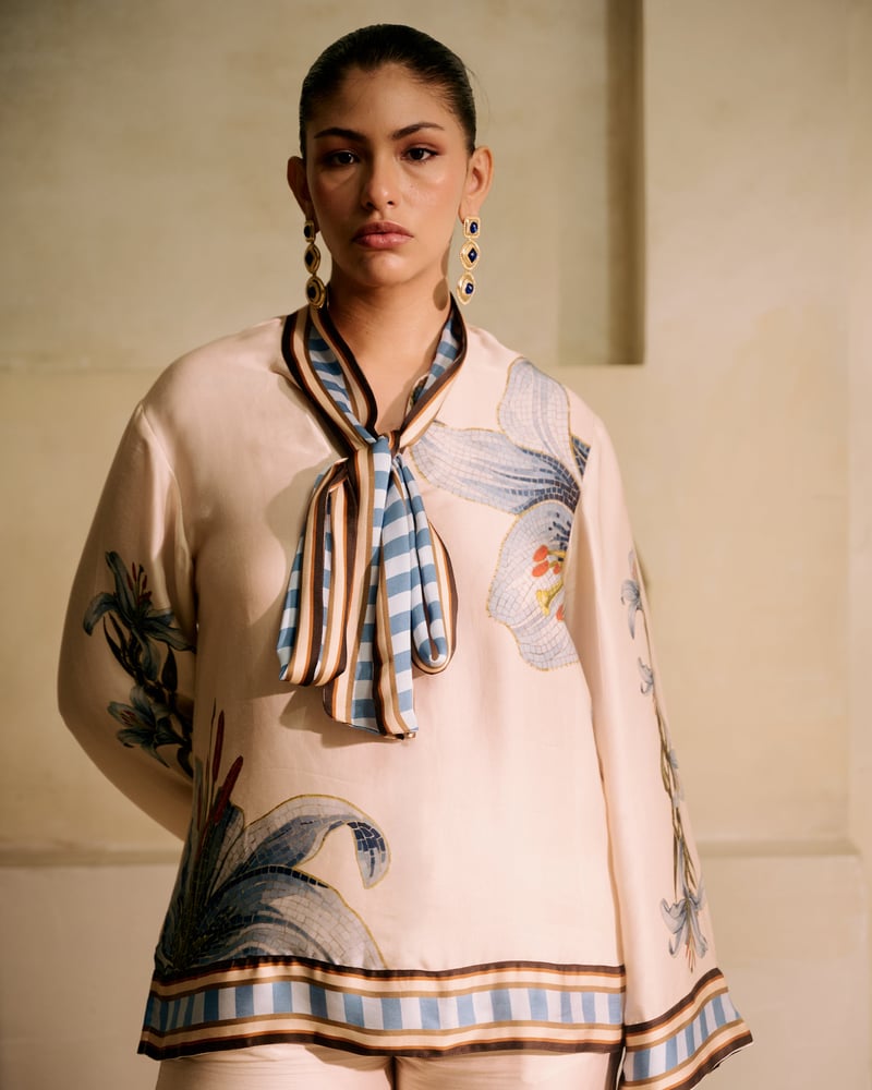Pink Modal Satin Long Top with Scarf Tie Neck