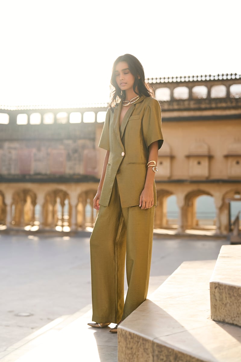 Olive Metallic Lamé Twill Straight-Leg Trousers
