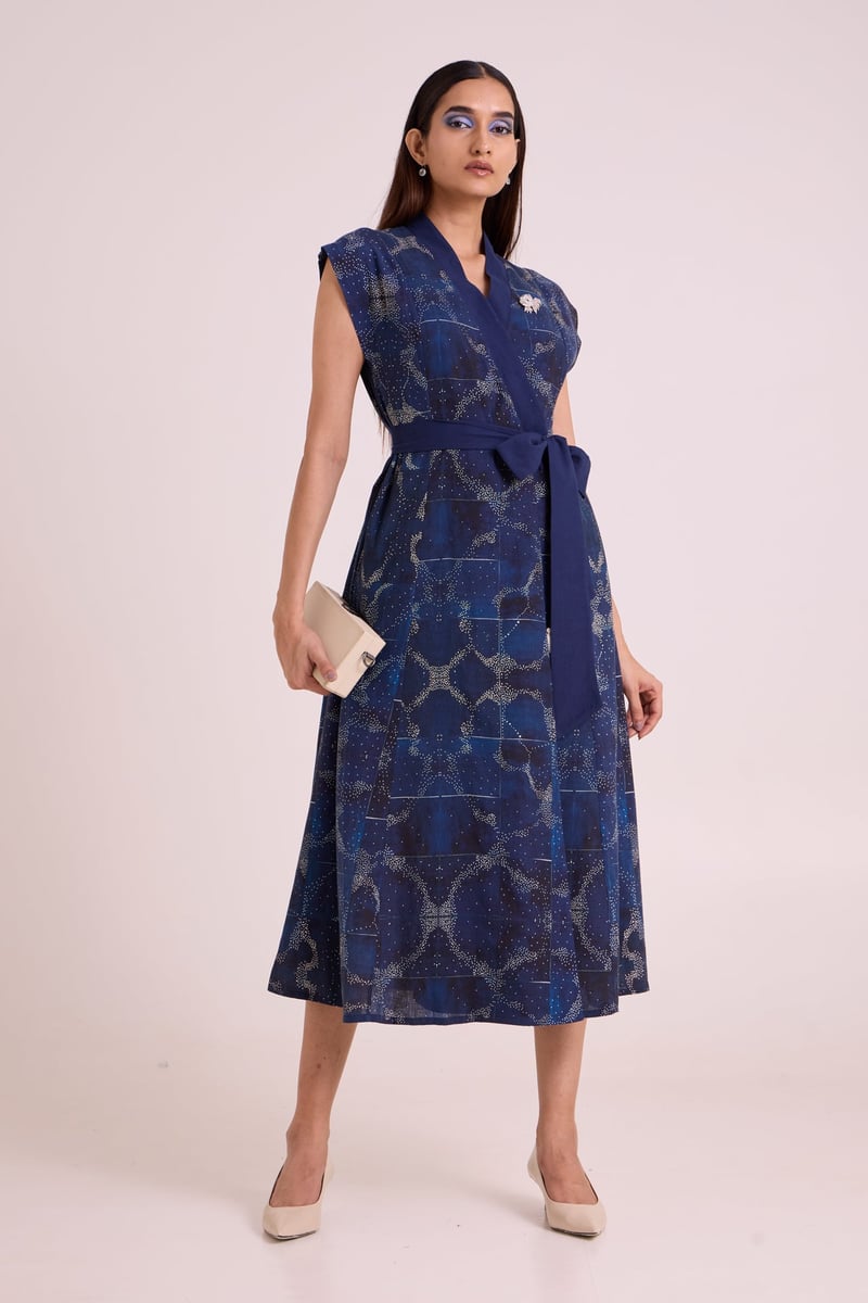 Indigo Printed Linen Wrap Midi Dress with Tie Belt