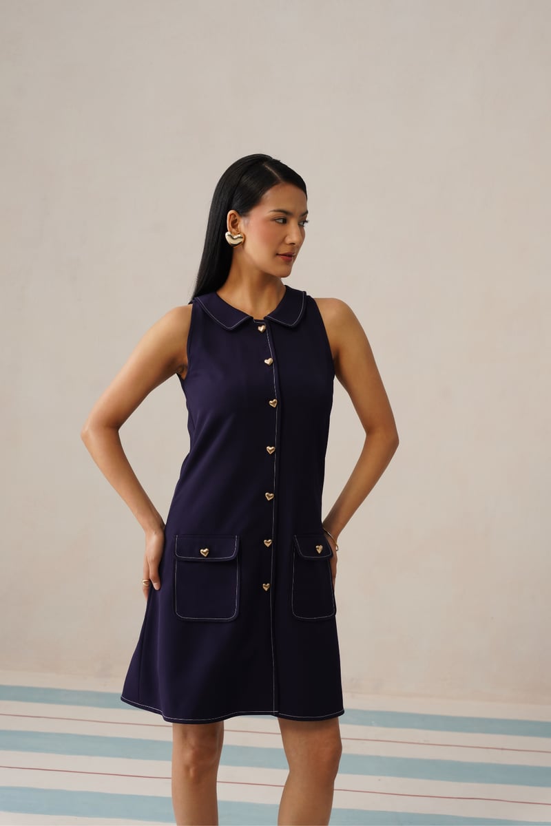 Dark Blue Sleeveless Collared Button-Front Mini Dress