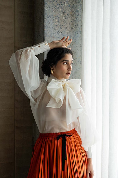 Off-White Sheer Organza Bow-Neck Statement Top