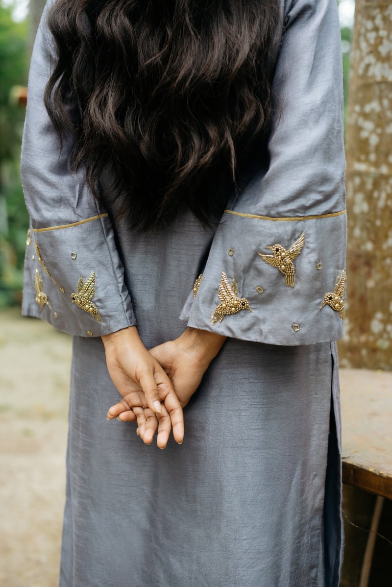 Grey A-Line Kurta Set with Embroidered Cuffs and Dupatta