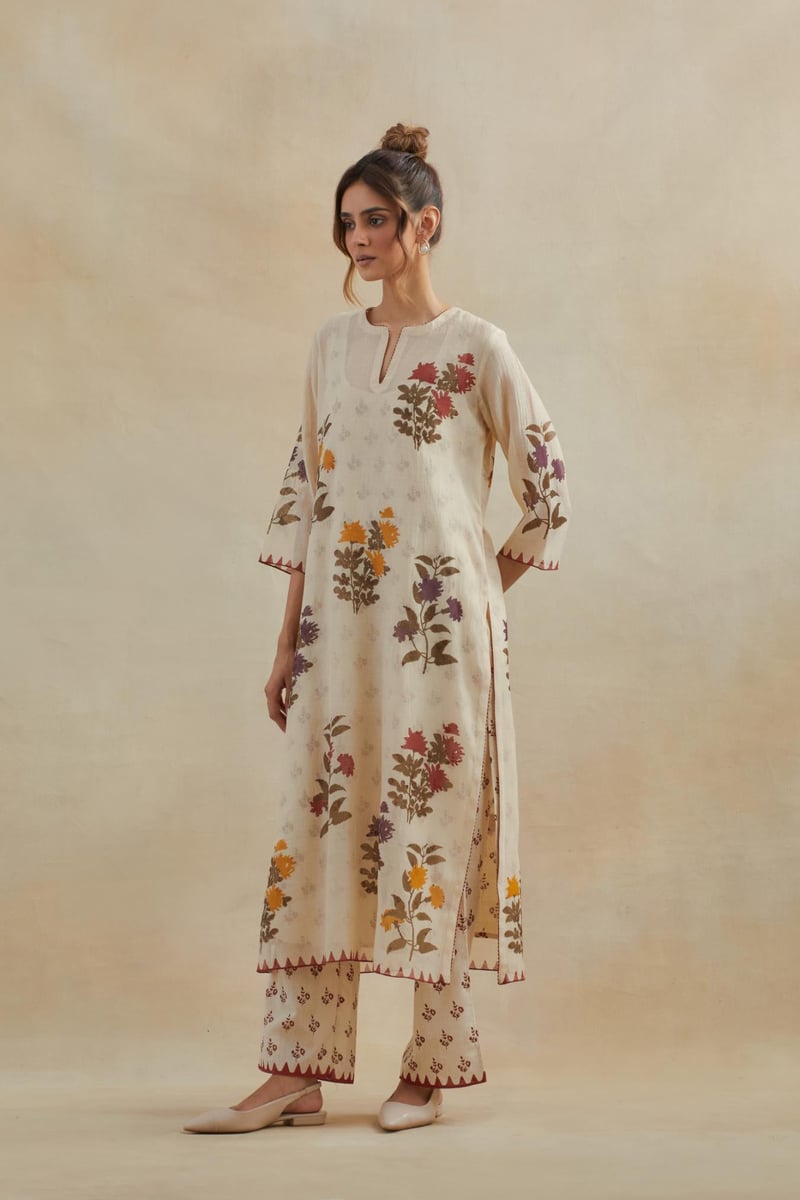 Beige Floral Block Print Straight Kurta Set with Dupatta
