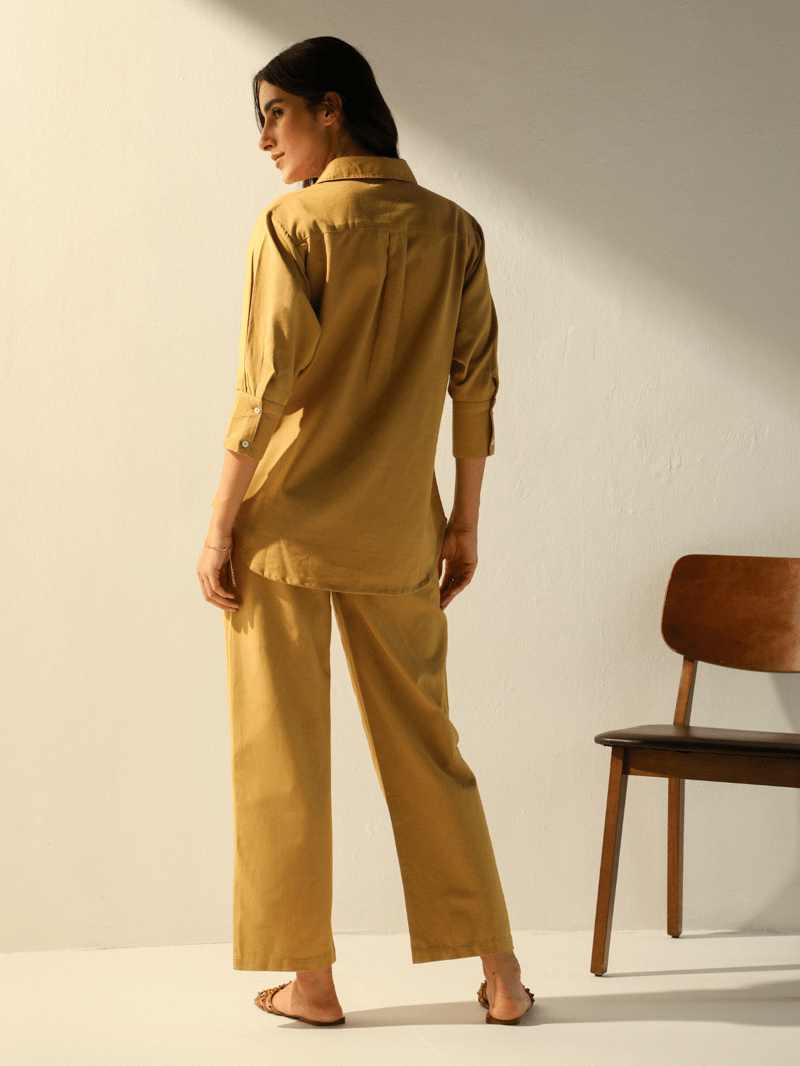 Caramel Cotton-Linen Shirt and Pants Co-ord Set