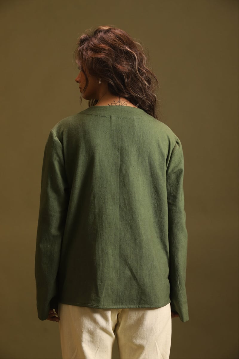 Olive Green Khadi Tie-Up Jacket with Pleated Front